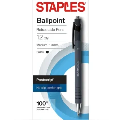 Staples Postscript Retractable Ballpoint Pens, Medium Point, Black Ink, Dozen (18262) New