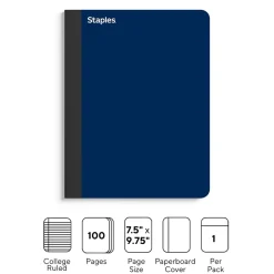 Staples Premium Composition Notebook, 7.5" x 9.75", College Ruled, 100 Sheets, Blue (ST58343) Sale