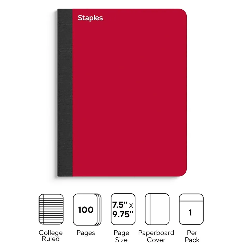 Staples ® Premium Composition Notebooks, 7.5" x 9.75", College Ruled, 100 Sheets, Red (TR58344M CC) Discount