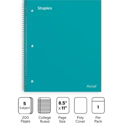 Staples Premium Poly 5-Subject Notebook, 8.5" x 11", College Ruled, 200 Sheets, (TR58320) Teal Discount