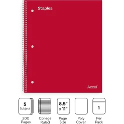 Staples Premium Poly 5-Subject Notebook, 8.5" x 11", College Ruled, 200 Sheets, (ST58319) Red