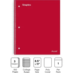 Staples Premium Poly 3-Subject Notebook, 8.5" x 11", College Ruled, 150 Sheets, (ST58315) Red Discount
