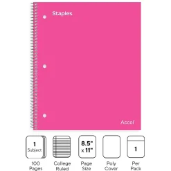 Staples Premium Poly 1-Subject Notebook, 8.5" x 11", College Ruled, 100 Sheets, (ST51448D) Pink