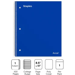 Staples Premium Poly 1-Subject Notebook, 8.5" x 11", College Ruled, 100 Sheets, (TR20951) Blue