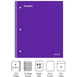 Staples Premium Poly 1-Subject Notebook, 8.5" x 11", College Ruled, 100 Sheets, (ST20954D) Purple Online