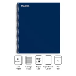 Staples Premium 3-Subject Notebook, 8.5" x 11", College Ruled, 138 Sheets, Blue (TR58360M-CC) New