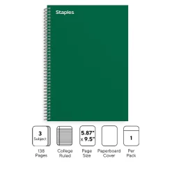 Staples Premium 3-Subject Notebook, 5.88" x 9.5", College Ruled, 138 Sheets, Green (TR58354) Outlet