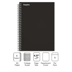 Staples Premium 1-Subject Notebook, 4.38" x 7", College Ruled, 80 Sheets, Black (TR58347M)