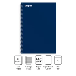 Staples Premium 3-Subject Notebook, 5.88" x 9.5", College Ruled, 138 Sheets, Blue (ST58352)