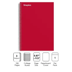 Staples Premium 3-Subject Notebook, 5.88" x 9.5", College Ruled, 138 Sheets, Red (ST58353) Online