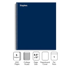 Staples Premium 5-Subject Notebook, 8.5" x 11", College Ruled, 200 Sheets, Blue (TR58364) Best