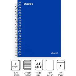 Staples Premium 1-Subject Notebook, 3.5" x 5.5", College Ruled, 200 Sheets, (TR58289) Blue Hot