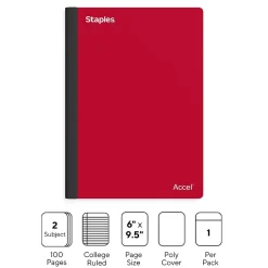 Staples Premium 2-Subject Notebook, 6" x 9.5", College Ruled, 100 Sheets, (TR58327) Red Clearance