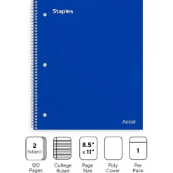 Staples Premium 2-Subject Notebook, 8.5" x 11", College Ruled, 120 Sheets, (TR58311) Blue