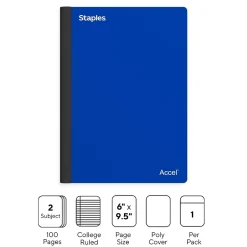Staples Premium 2-Subject Notebook, 6" x 9.5", College Ruled, 100 Sheets, (TR58326) Blue Sale