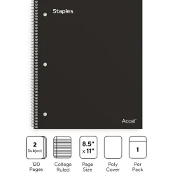 Staples Premium 2-Subject Notebook, 8.5" x 11", College Ruled, 120 Sheets, (TR58310) Black Sale