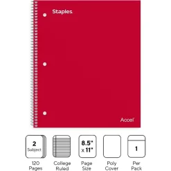 Staples Premium 2-Subject Notebook, 8.5" x 11", College Ruled, 120 Sheets, (TR58312) Red Sale