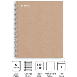 Staples Premium 5-Subject Notebook, 8.5" x 11", College Ruled, 200 Sheets, Brown (TR52122) Outlet