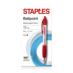 Staples Retractable Ballpoint Pens, Fine Point, Red Ink, Dozen (50787) Clearance