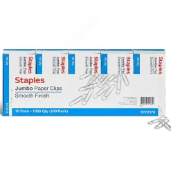 Staples Smooth Jumbo Paper Clips, Silver, 1000 Clips/Pack, 10/Pack(A7026605/72578) New