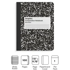 Staples 1-Subject Composition Notebook, 7.5" x 9.75", Wide Ruled, 100 Sheets, (ST55076C) Black Outlet