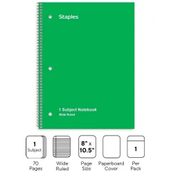 Staples 1-Subject Notebook, 8" x 10.5", Wide Ruled, 70 Sheets, (TR24006) Green Outlet
