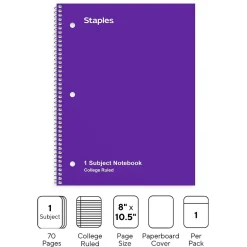 Staples 1-Subject Notebook, 8" x 10.5", College Ruled, 70 Sheets, (TR27501) Purple Clearance
