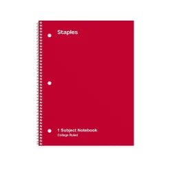 Staples 1-Subject Notebook, 8" x 10.5", College Ruled, 70 Sheets, (TR27503) Red Online