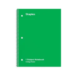 Staples 1-Subject Notebook, 8" x 10.5", College Ruled, 70 Sheets, (TR27502) Green Hot