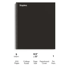 Staples 5-Subject Notebook, 8.5" x 11", College Ruled, 200 Sheets, Black (TR58363) Outlet