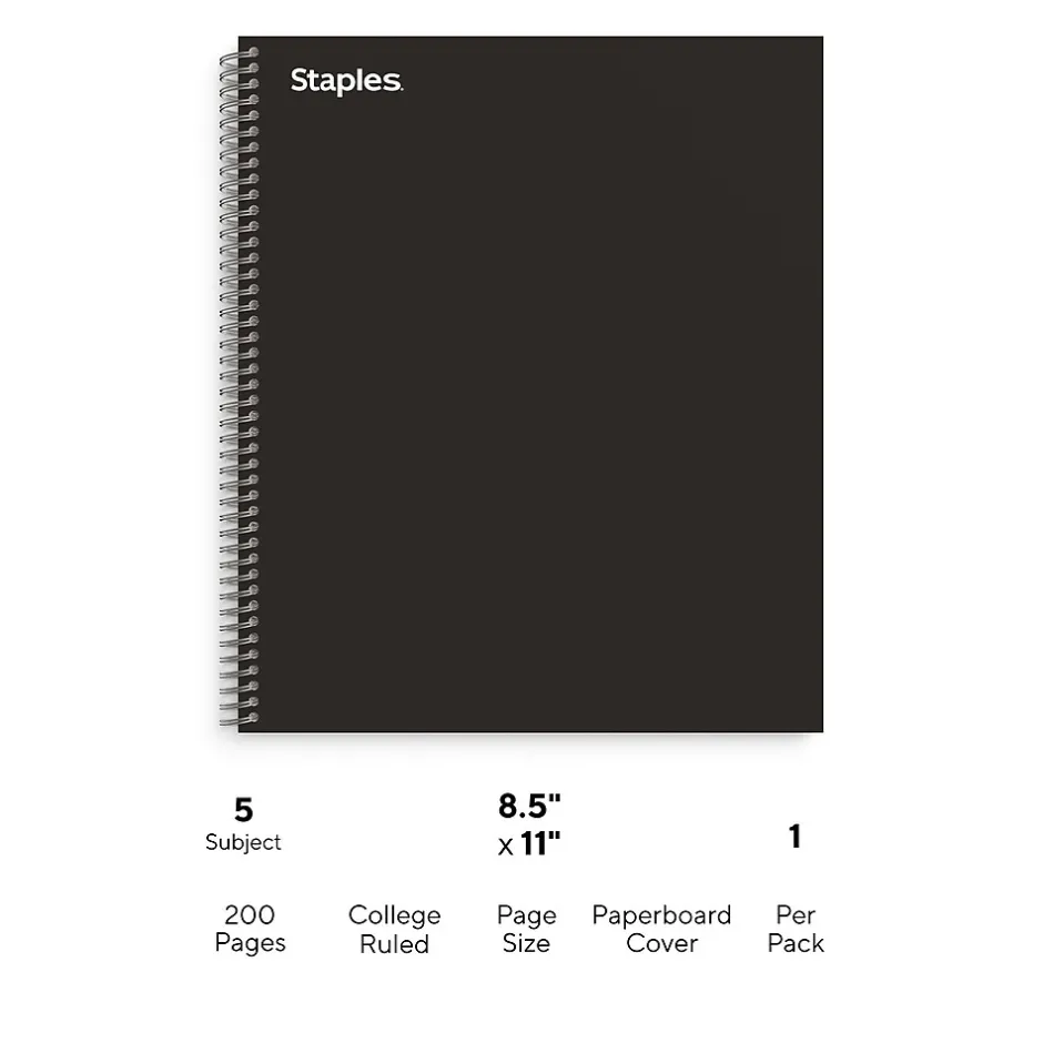 Staples 5-Subject Notebook, 8.5" x 11", College Ruled, 200 Sheets, Black (TR58363) Outlet