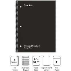 Staples 1-Subject Notebook, 8" x 10.5", College Ruled, 70 Sheets, Black, 6/Pack (TR58374) Discount