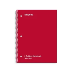 Staples 3-Subject Notebook, 8" x 10.5", Wide Ruled, 120 Sheets, Assorted Colors, 3/Pack (TR11669) Online