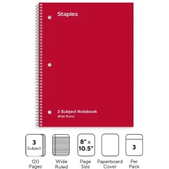 Staples 3-Subject Notebook, 8" x 10.5", Wide Ruled, 120 Sheets, Assorted Colors, 3/Pack (TR11669) Online