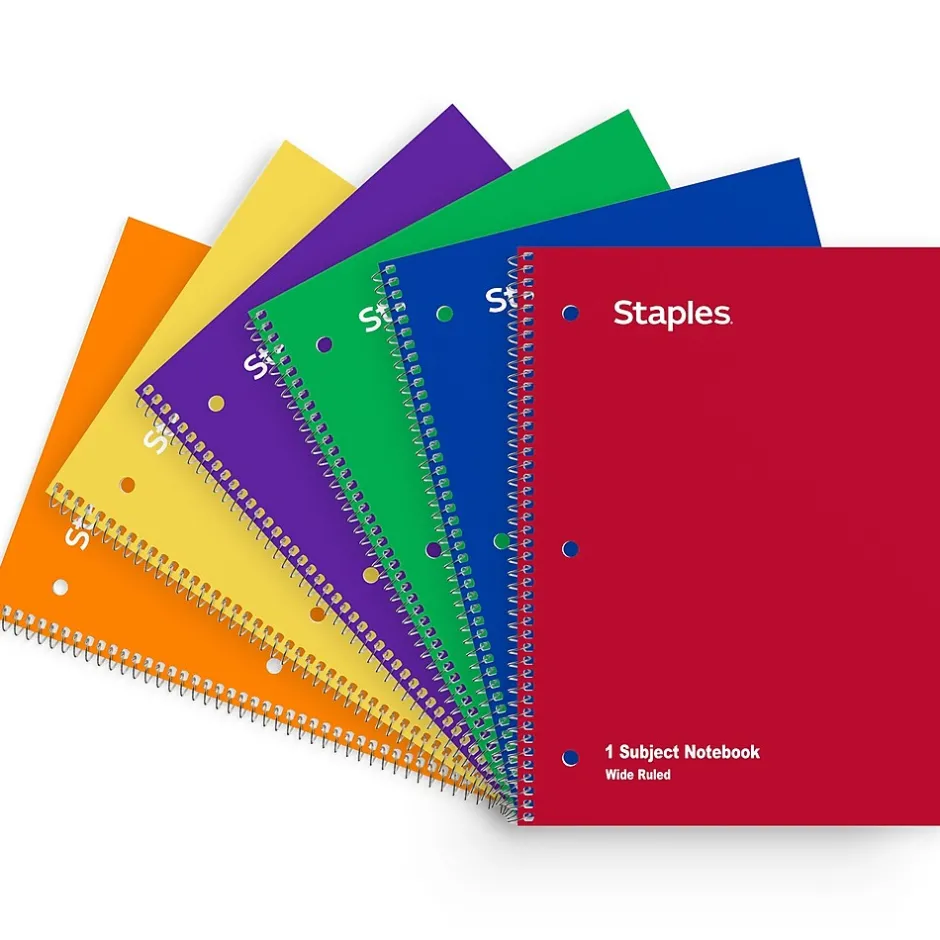 Staples 1-Subject Notebooks, 8" x 10.5", Wide Ruled, 70 Sheets, Assorted Colors, 6/Pack (ST11667C) Discount