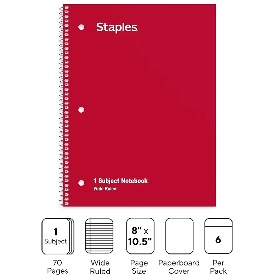 Staples 1-Subject Notebooks, 8" x 10.5", Wide Ruled, 70 Sheets, Assorted Colors, 6/Pack (ST11667C) Discount
