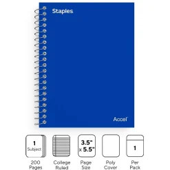 Staples ® 1-Subject Professional Notebooks, 4.5" x 5.5", College Ruled, 200 Sheets, Assorted (12891-CC)