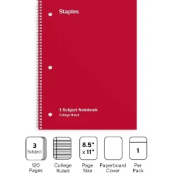 Staples ® 3-Subject Subject Notebooks, 8.5" x 11", College Ruled, 150 Sheets, Assorted (27524M) Online
