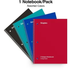 Staples ® 3-Subject Subject Notebooks, 8.5