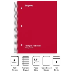 Staples ® 5-Subject Subject Notebooks, 8.5" x 11", College Ruled, 200 Sheets, Assorted (10467M-CC) Best