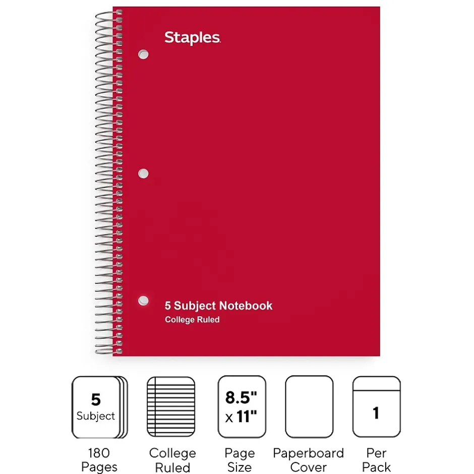 Staples ® 5-Subject Subject Notebooks, 8.5" x 11", College Ruled, 200 Sheets, Assorted (10467M-CC) Best