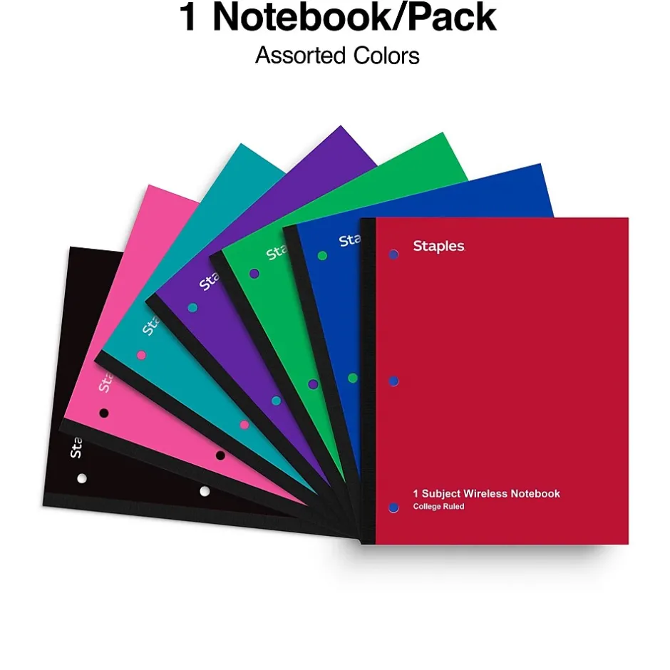Staples ® 1-Subject Subject Notebooks, 8.5" x 11", College Ruled, 100 Sheets, Assorted (27628/54896)