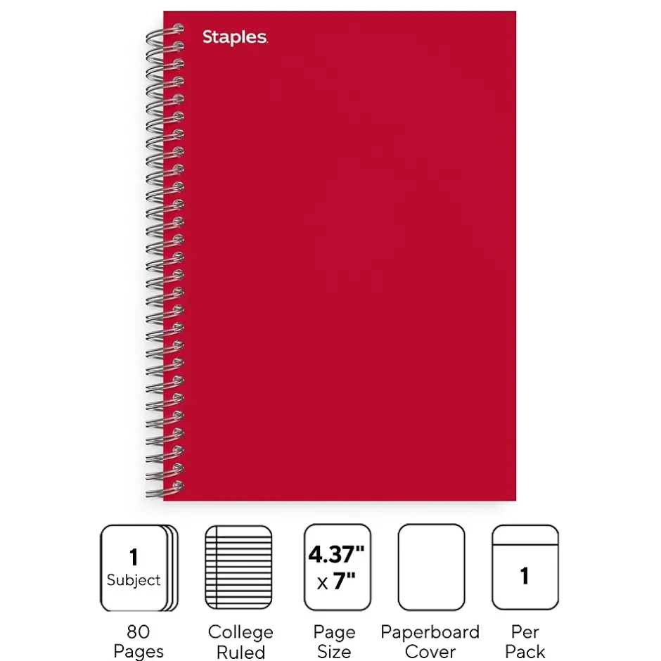 Staples ® 1-Subject Subject Notebooks, 5" x 7", College Ruled, 100 Sheets, Assorted (83357) Discount