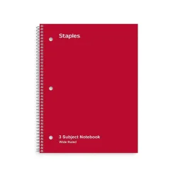 Staples ® 3-Subject Subject Notebooks, 8" x 10.5", Wide Ruled, 150 Sheets, Assorted Colors (14574M) Outlet
