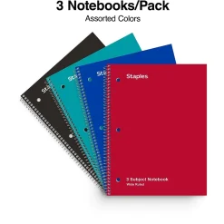 Staples ® 3-Subject Subject Notebooks, 8" x 10.5", Wide Ruled, 150 Sheets, Assorted Colors (14574M) Outlet