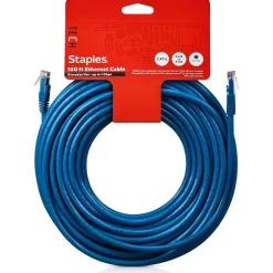 Ethernet Cables<Staples TECH 100' Cat-6 Ethernet Cable, Male to Male, Blue (ST62452)
