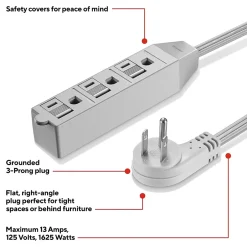 Extension Cords<Staples TECH 15' Extension Cord, 3-Outlet, 16 AWG, Gray, 2/Pack (ST62347)