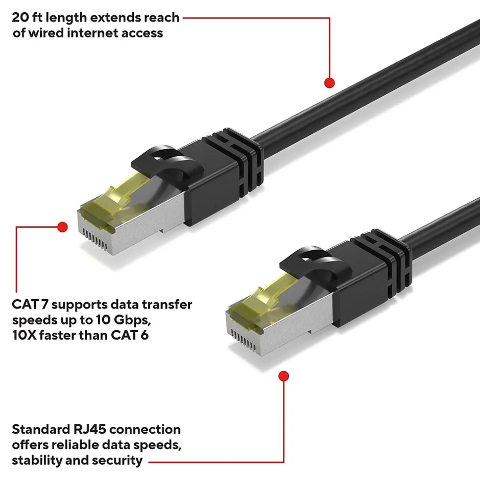Ethernet Cables<Staples TECH 20 ft. Cat 7 Ethernet Cable, Male to Male, Black (ST62462)