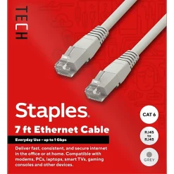 Ethernet Cables<Staples TECH 7 ft. Cat-6 Ethernet Cable, Male to Male, Gray (ST62453)