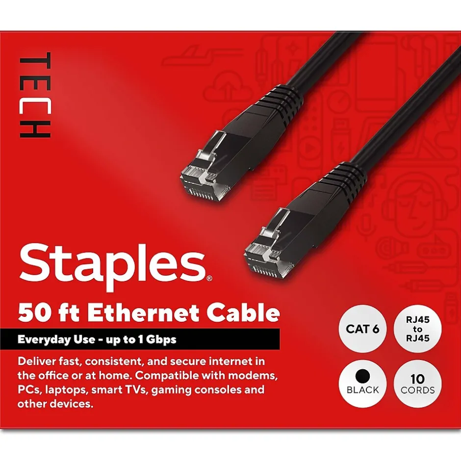 Ethernet Cables<Staples TECH 50 ft. Cat-6 Ethernet Cable, Male to Male, Black, 10/Pack (ST62459)